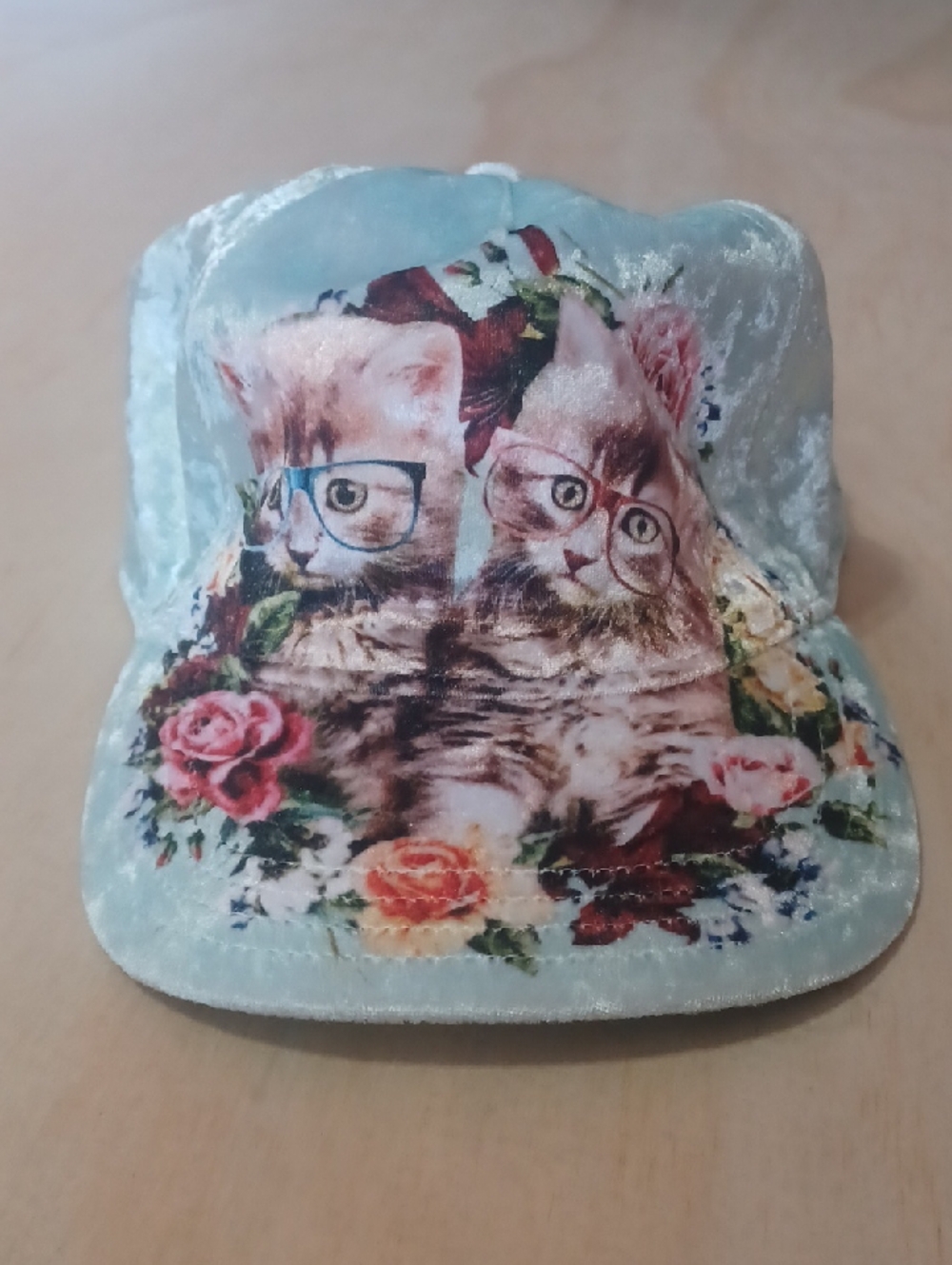 Justice Girls Crushed Velvet Hipster Kitten Baseball Cap Mint Green Cats Roses